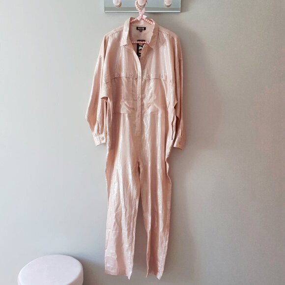 NWT Kondi pink & metallic thread cotton blend utility jumpsuit, XS - Picture 7 of 8